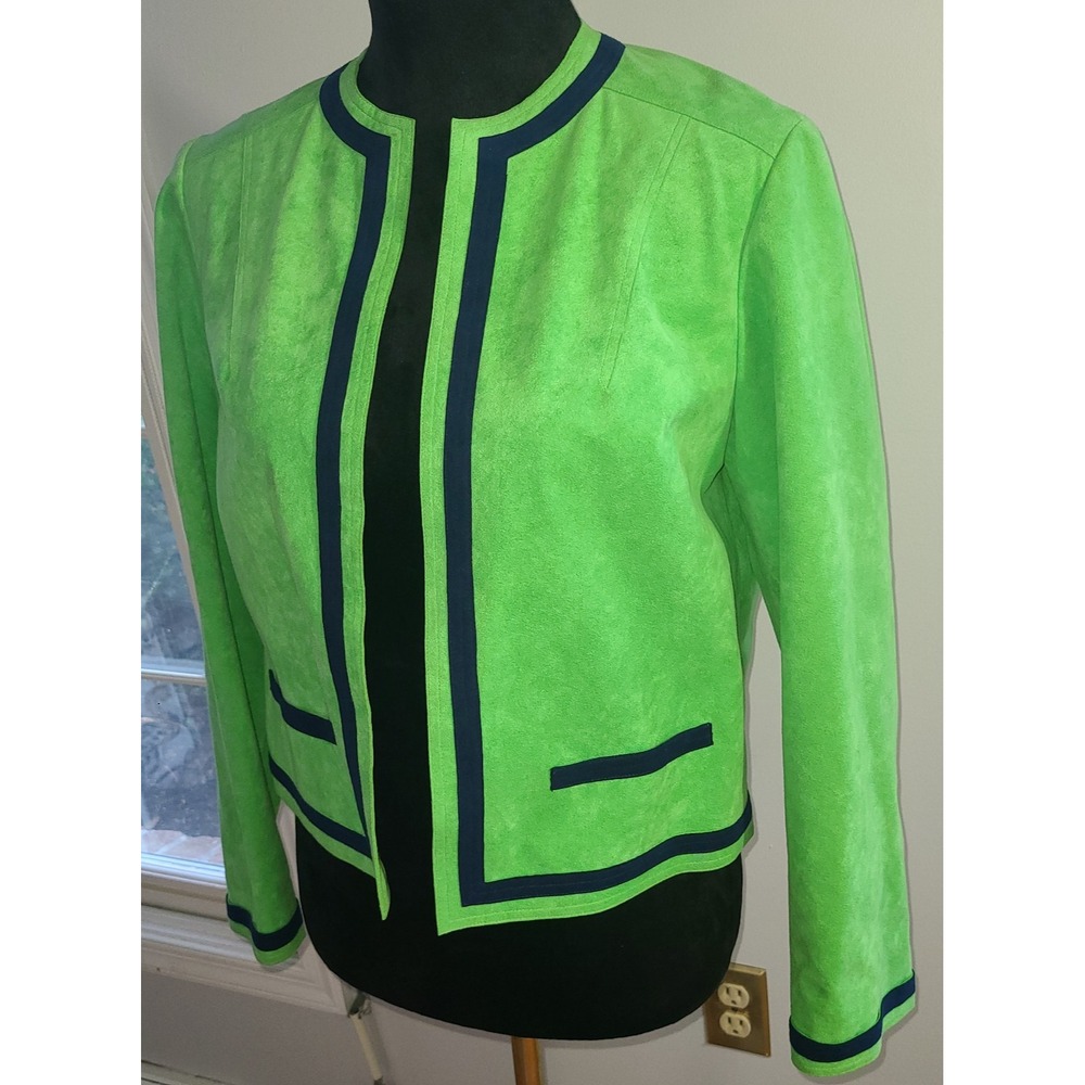 80s Open Front POSH Ultra Suede Kelly Green w Navy Women's Jacket Sm/Md